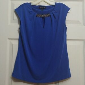 Liz Claiborne career top blue with beaded neck line poly/spandex size small
